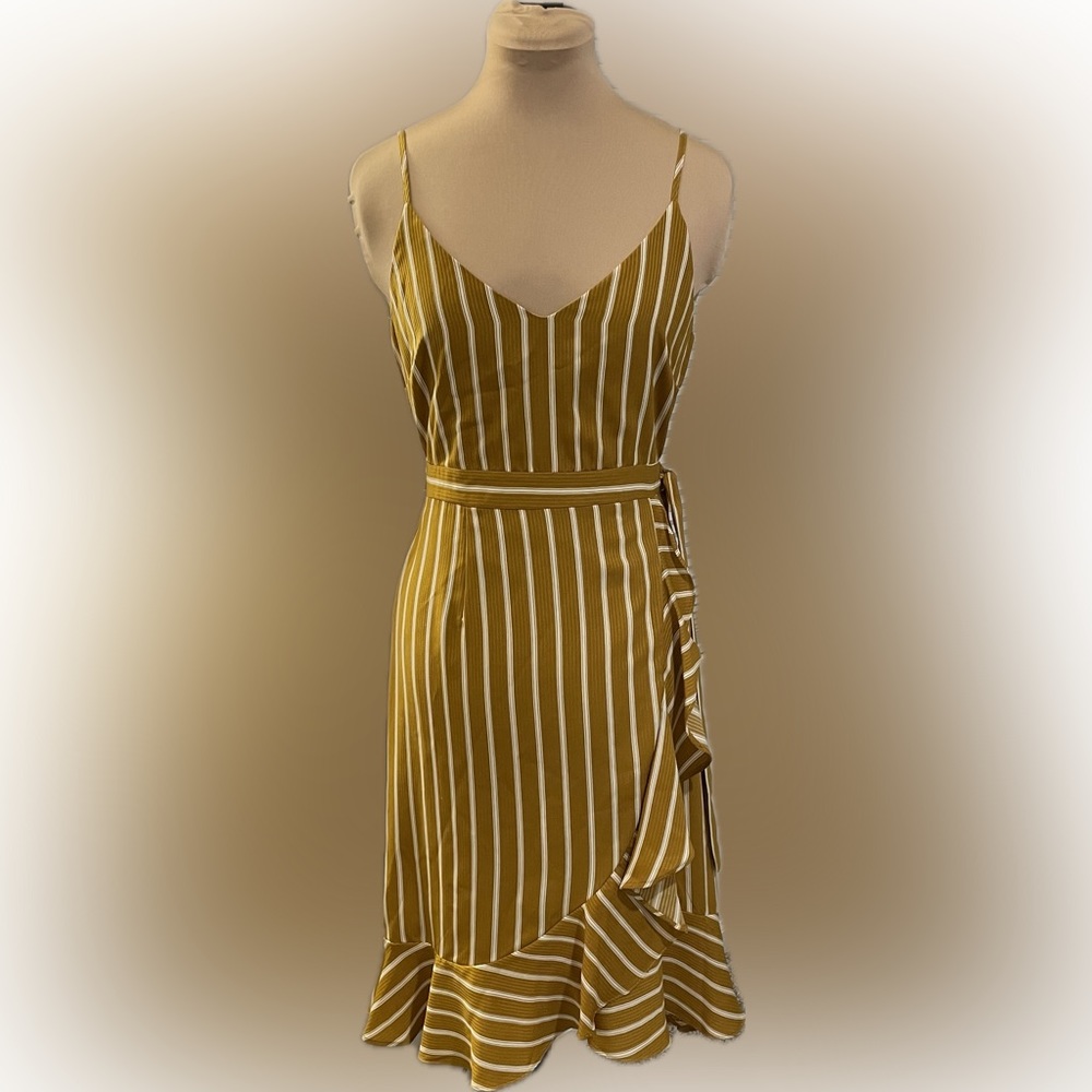 Blu Pepper Striped Mustard Faux Wrap Dress